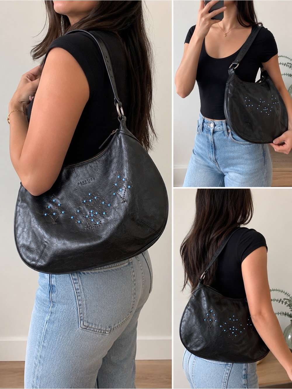 Kenneth Cole Reaction Black Leather Shoulder Bag Y2K Hobo Purse with Blue Beads